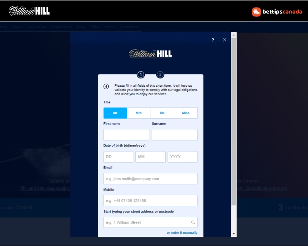 Sign up - Account Register William Hill Canada