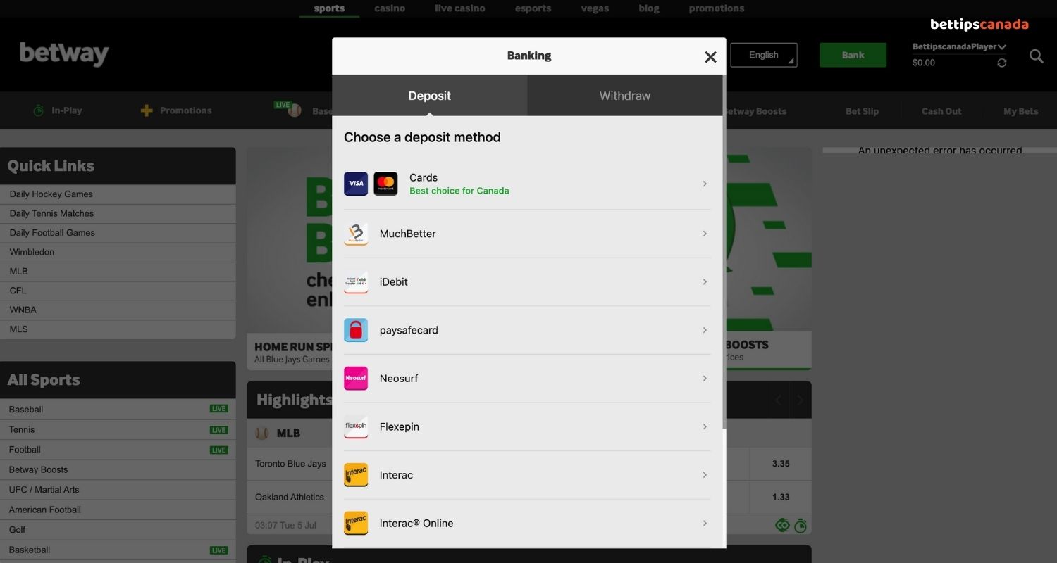 Deposit methods Betway Review