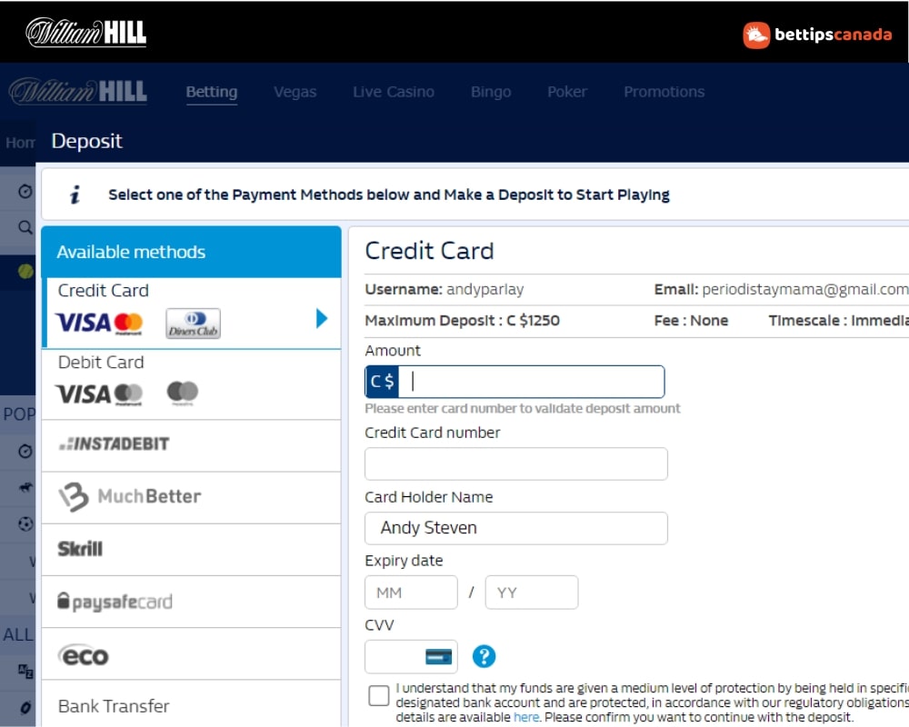 Payment Method William Hill Canada