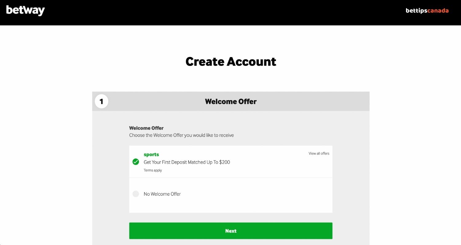Sign up process Betway Canada