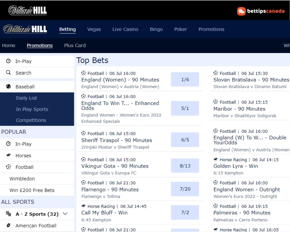 Top Bets William Hill Canada