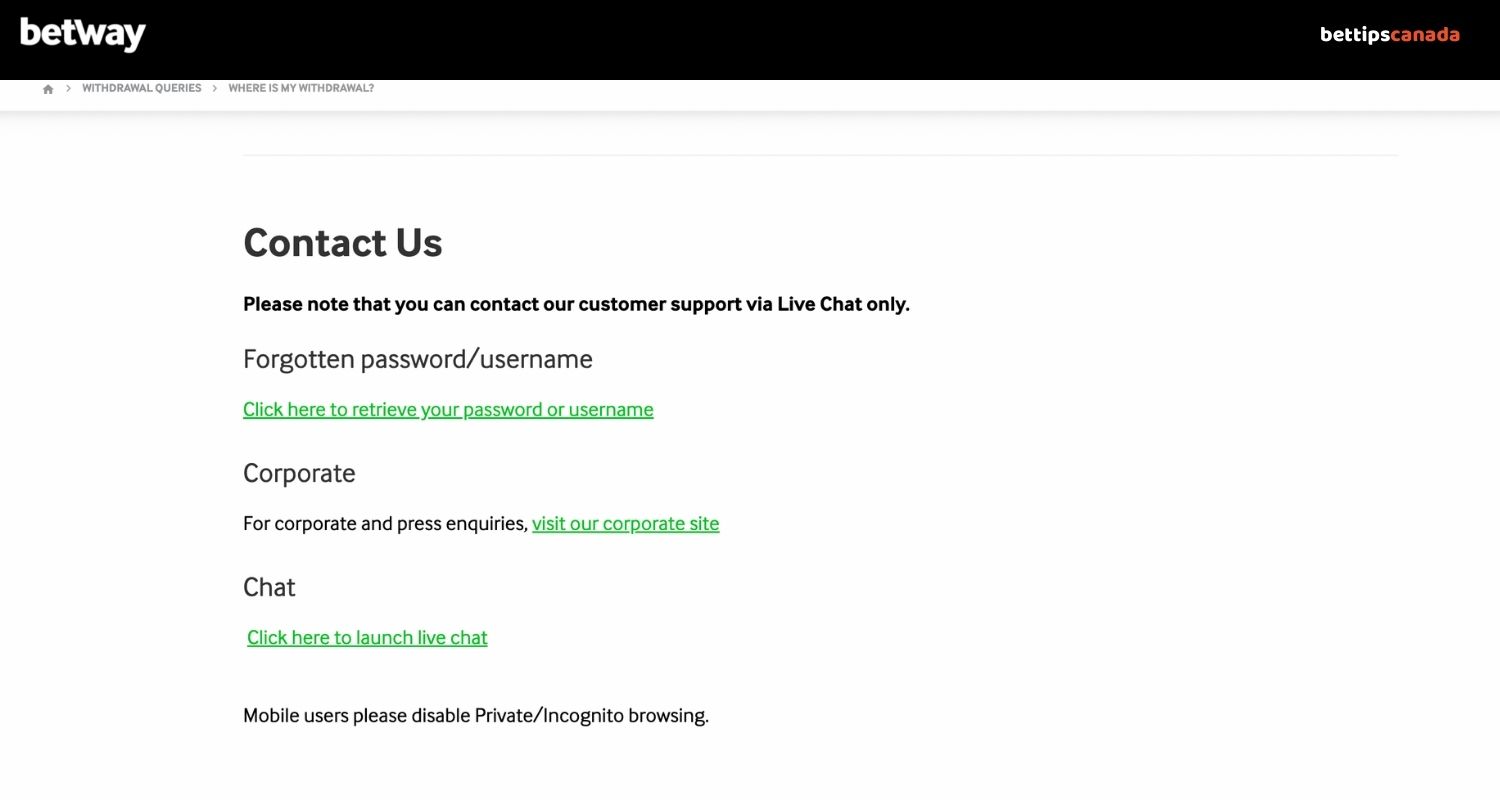customer service Betway Canada
